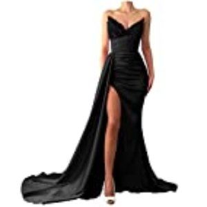 Sequin Beaded Mermaid Prom Dresses 2023 Long Satin Slit Formal Evening Party Go